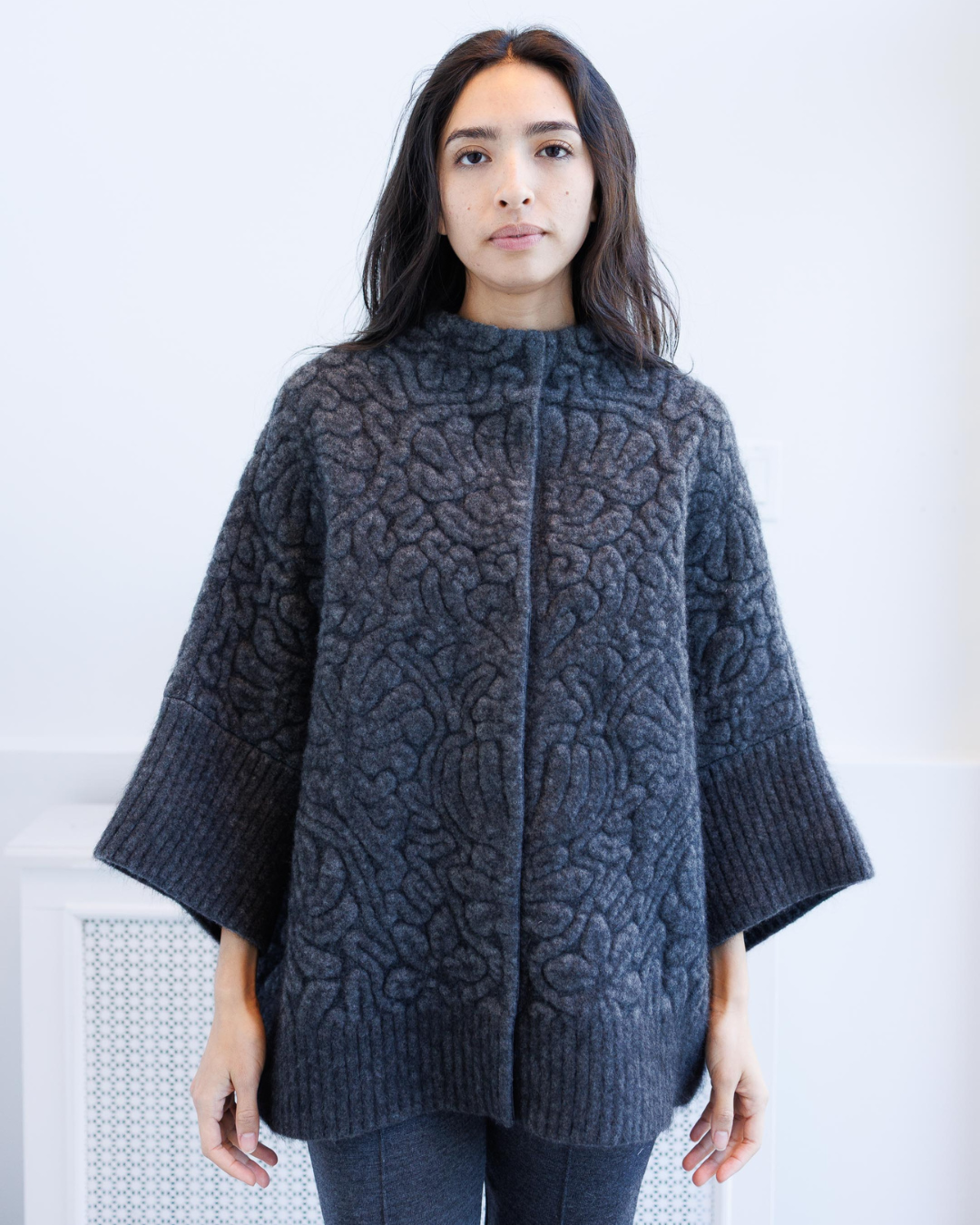 Printed Knit Batwing Jacket — Charcoal