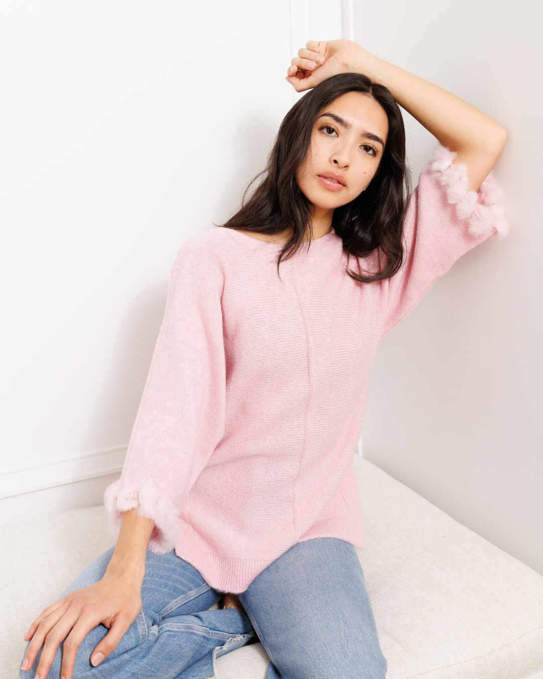 Flutter-Sleeve Knit with Fur Trim