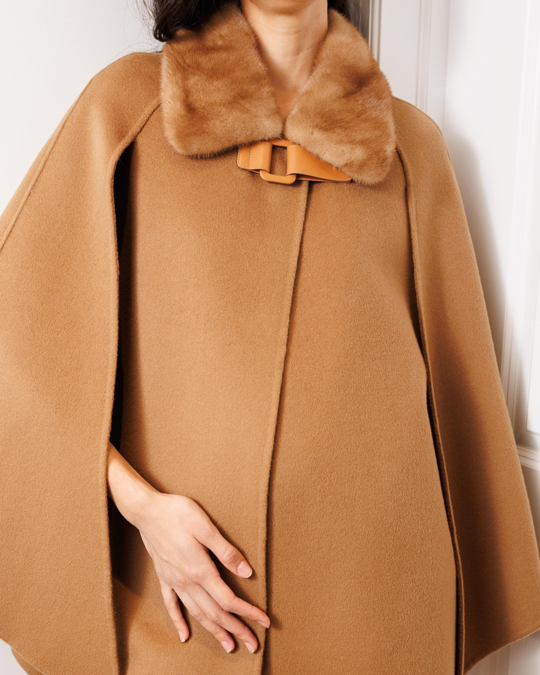Camel Wool-Cashmere Cape with Leather Closure