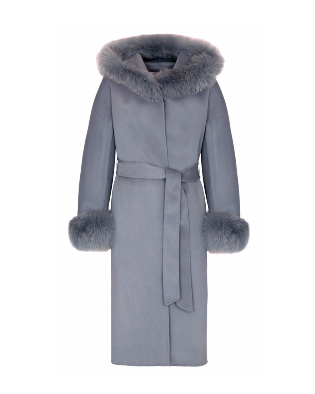 Blue Wool-Cashmere Coat with Fur Sleeves