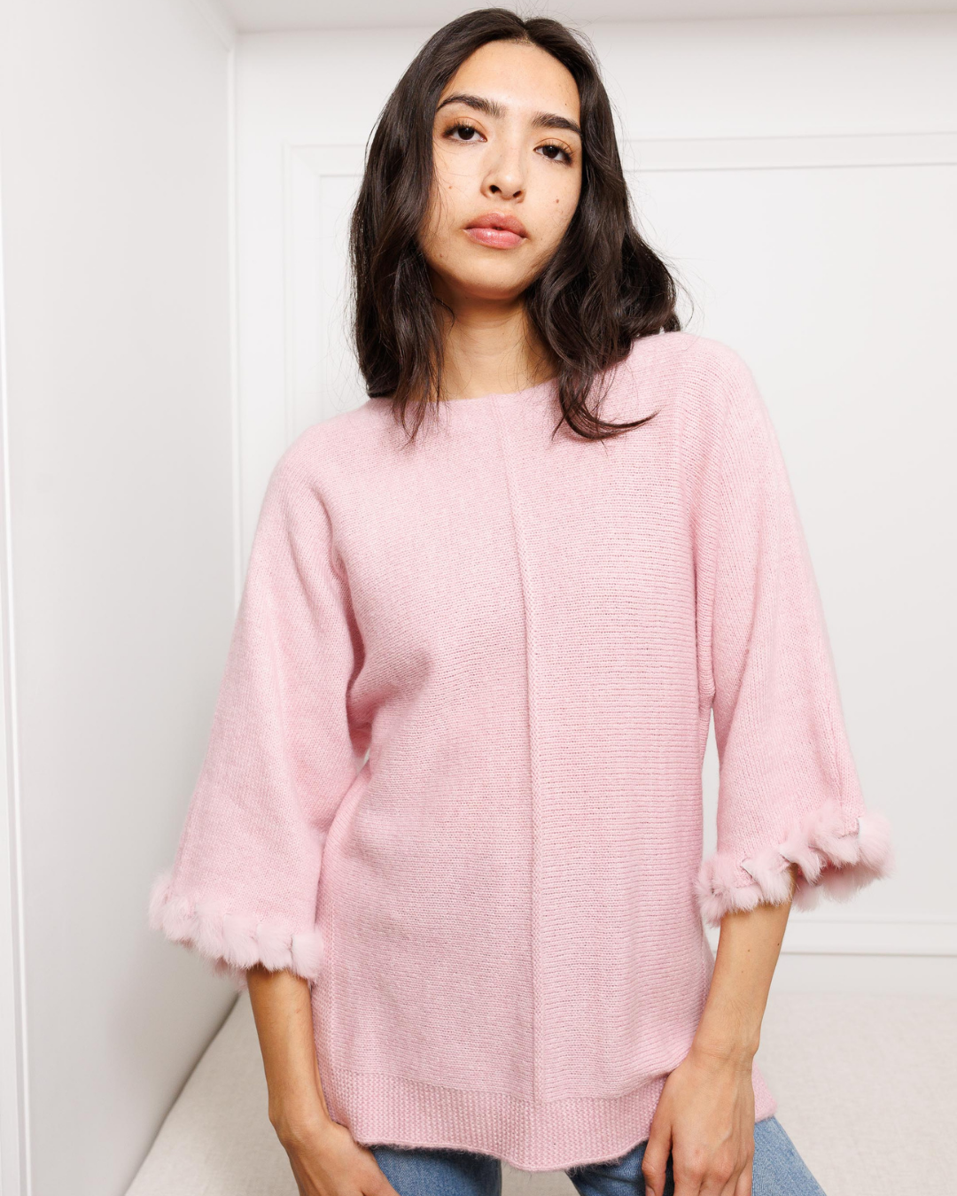 Flutter-Sleeve Knit with Fur Trim