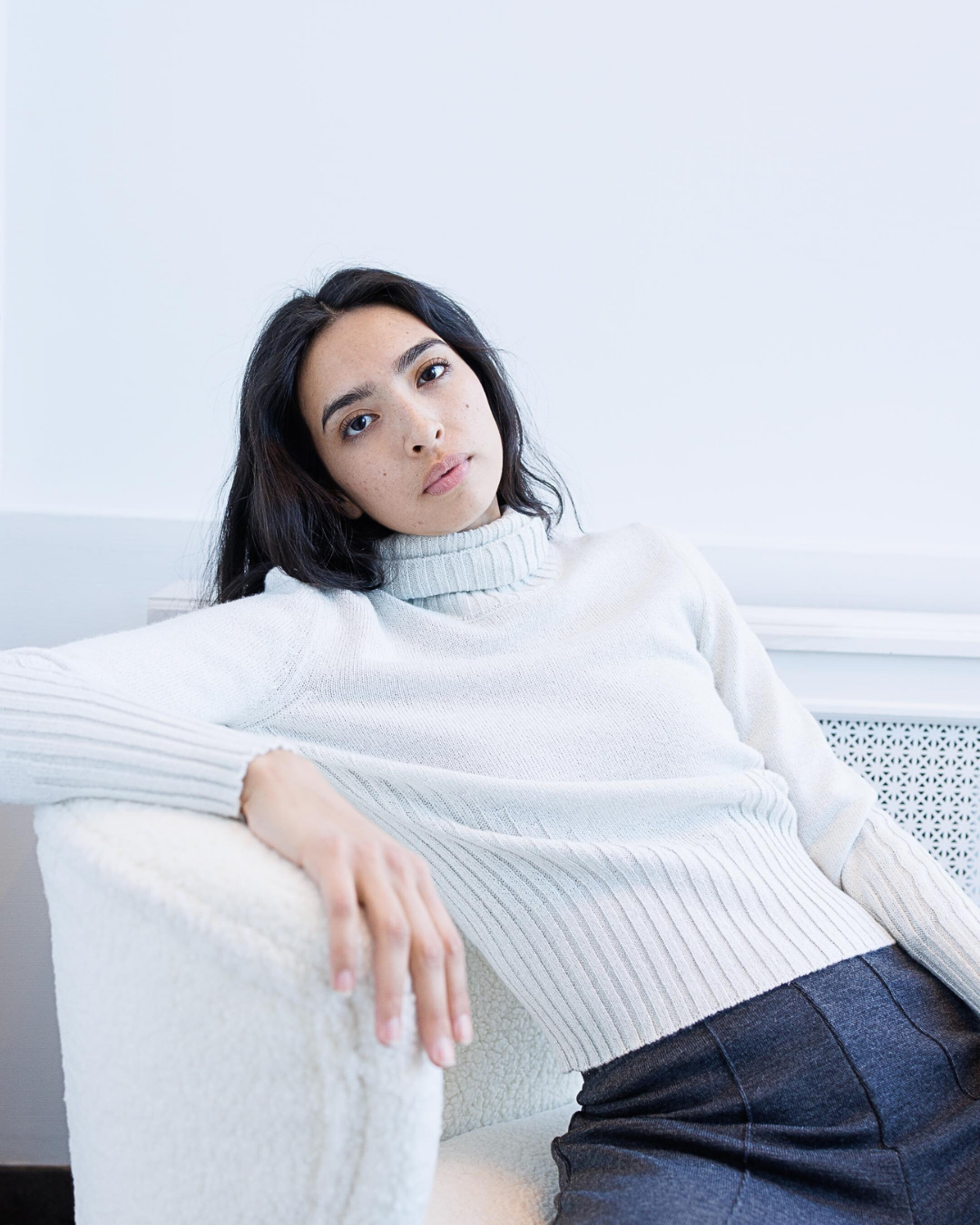 Folded Turtleneck Metallic Rib Knit Sweater
