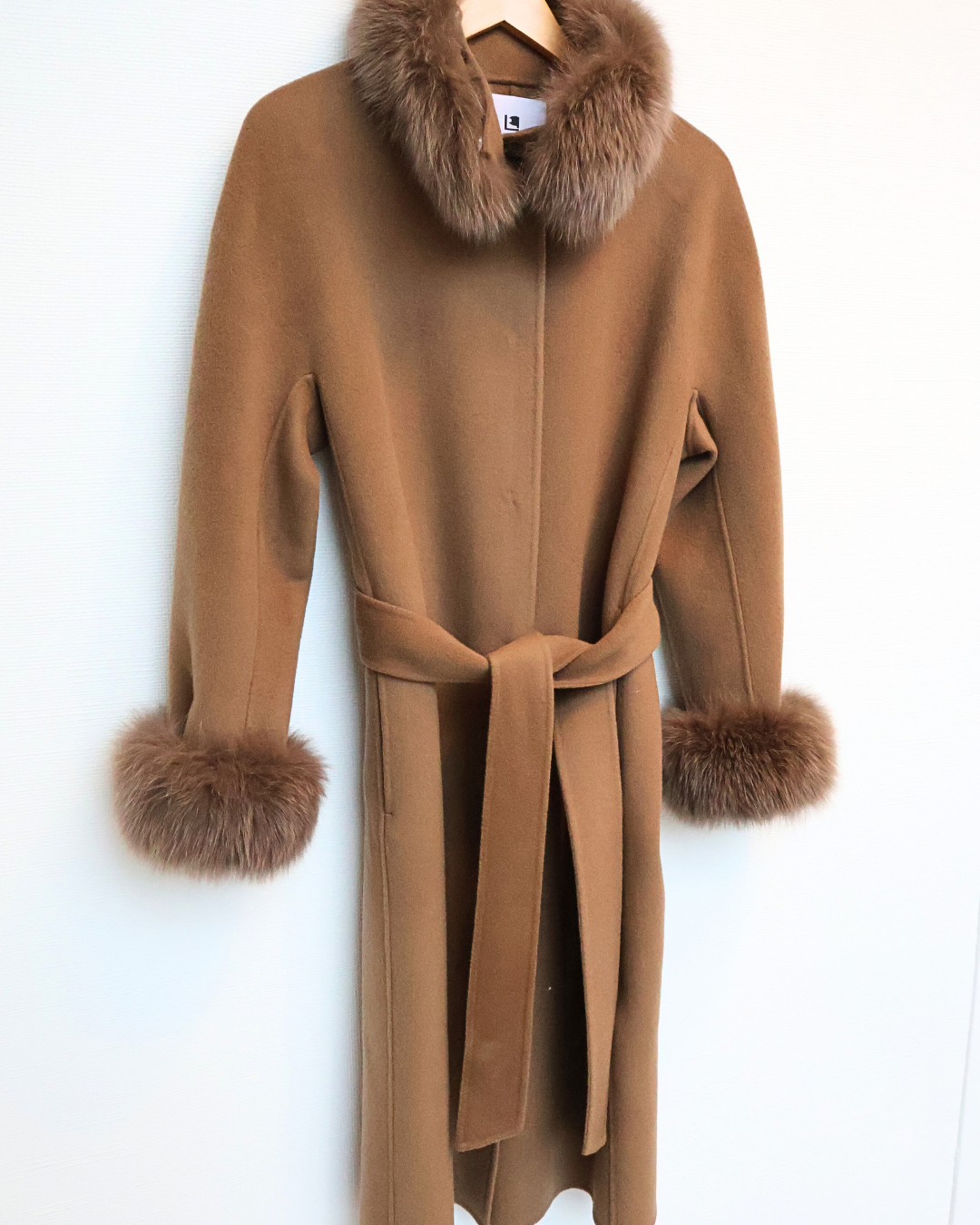 Camel Wool-Cashmere Coat with Fox Fur