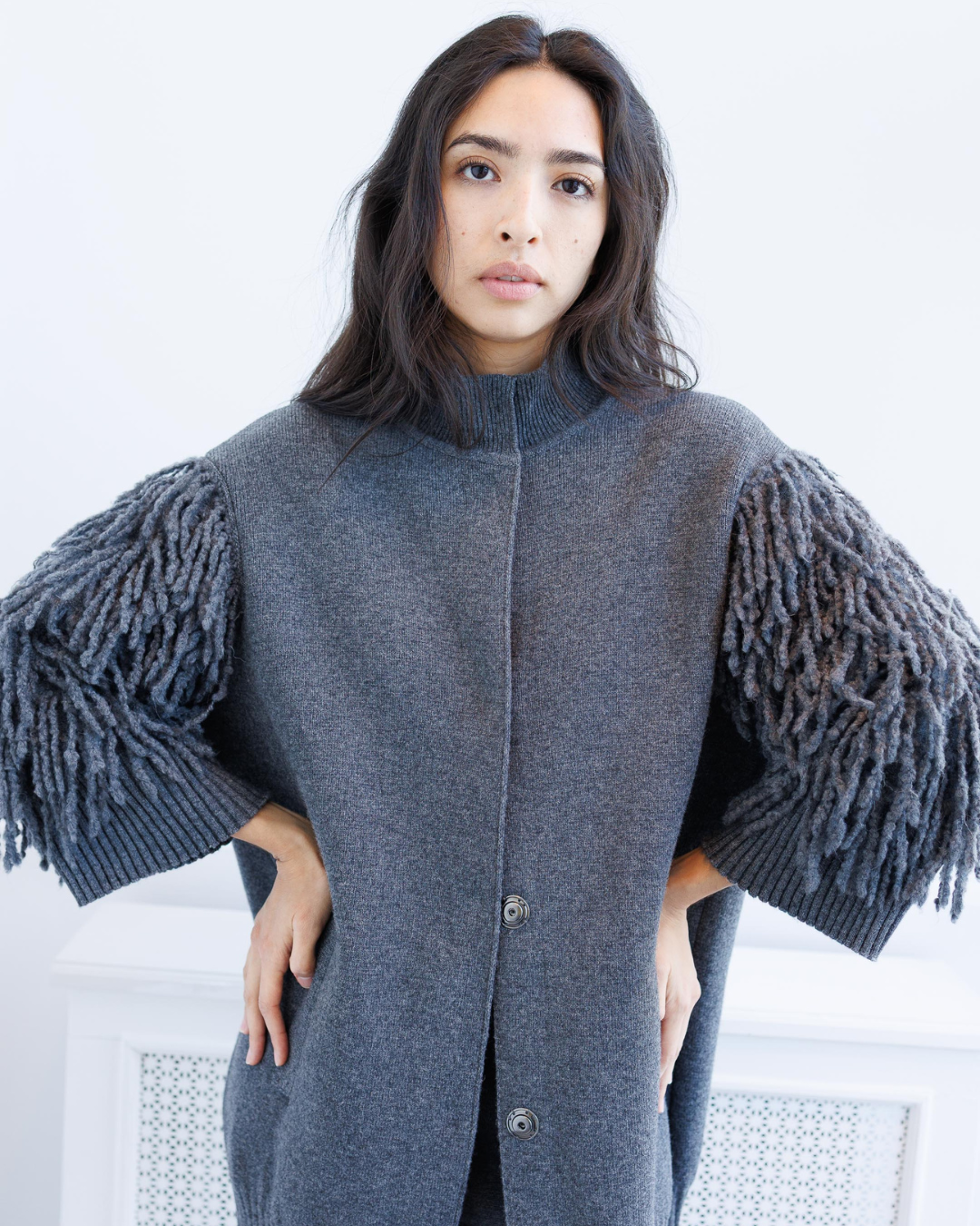 Fringe Sleeve Knit Jacket — Grey