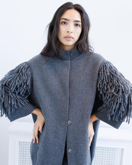 Fringe Sleeve Knit Jacket — Grey