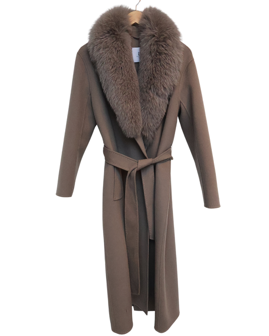 Taupe Wool-Cashmere Coat with Fox Collar