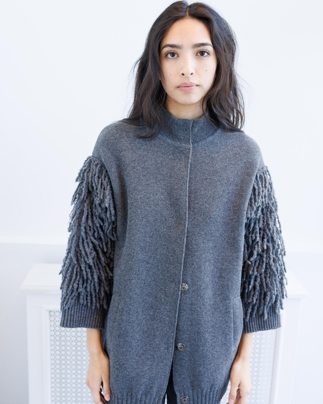 Fringe Sleeve Knit Jacket — Grey