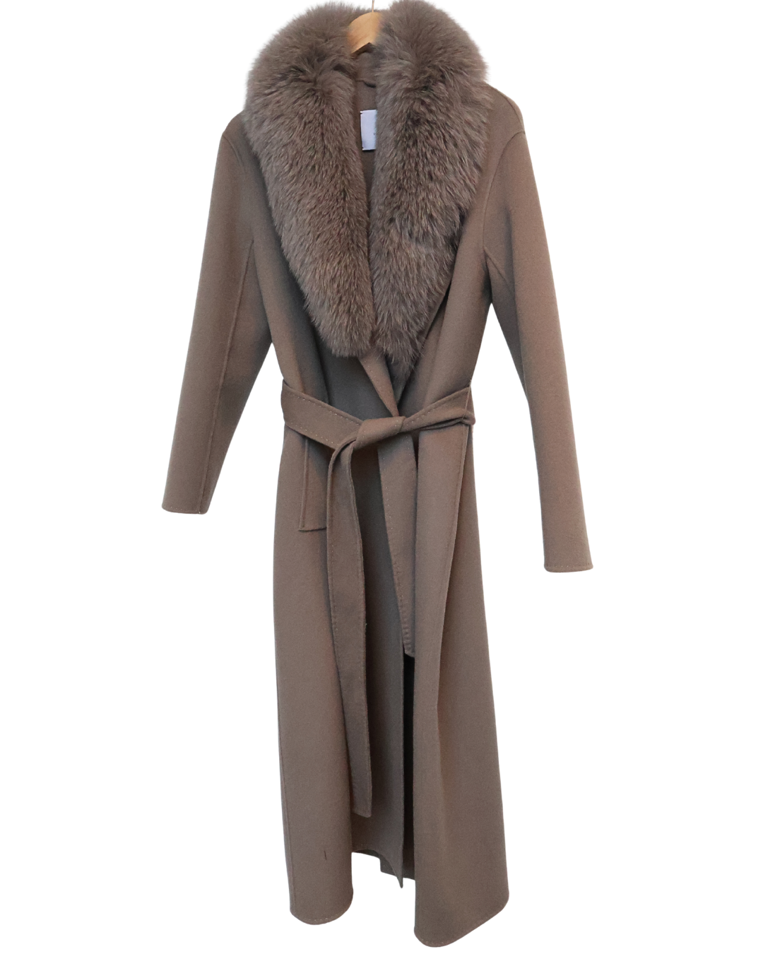 Taupe Wool-Cashmere Coat with Fox Collar