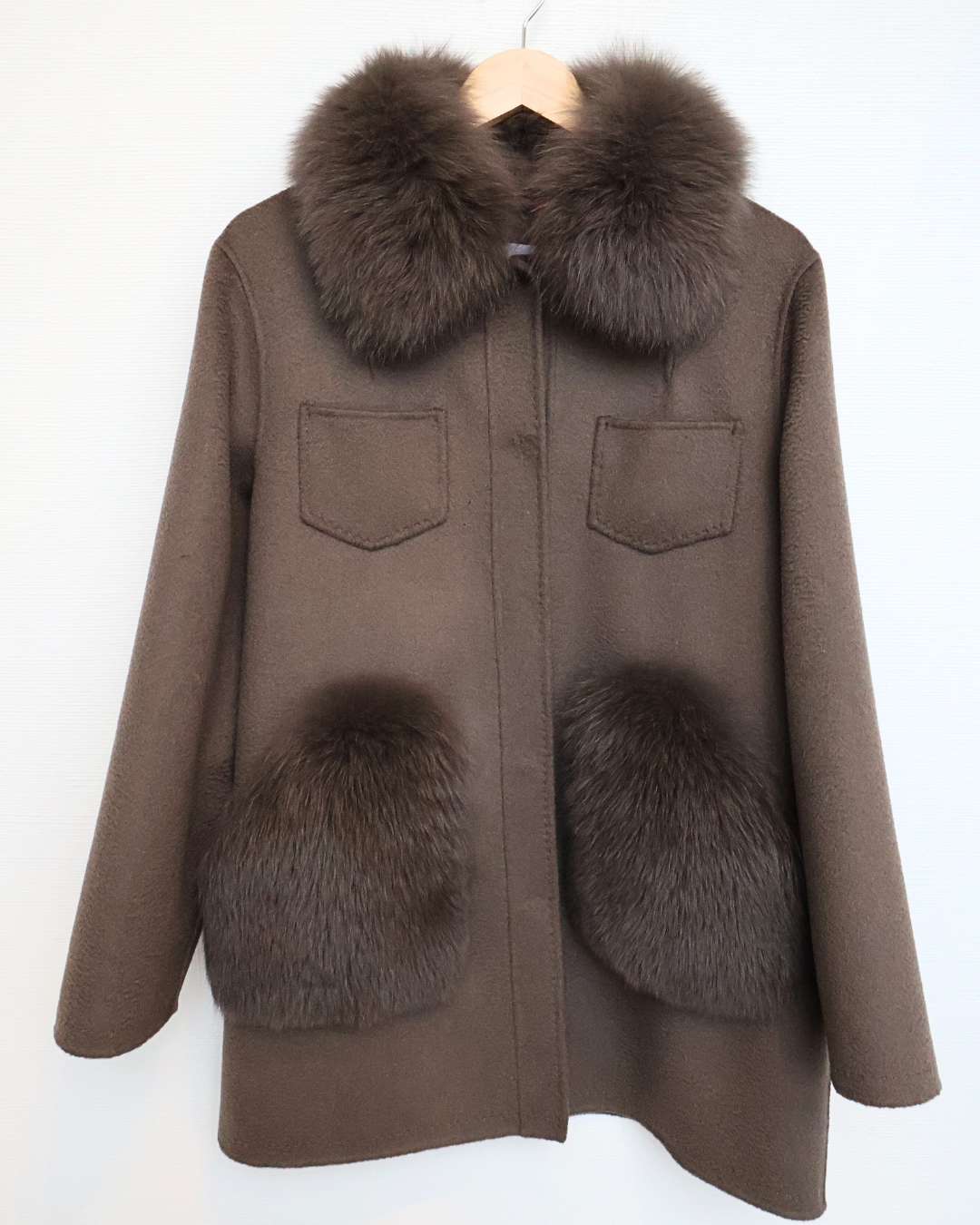 Taupe Shirt Jacket with Fox Fur Details