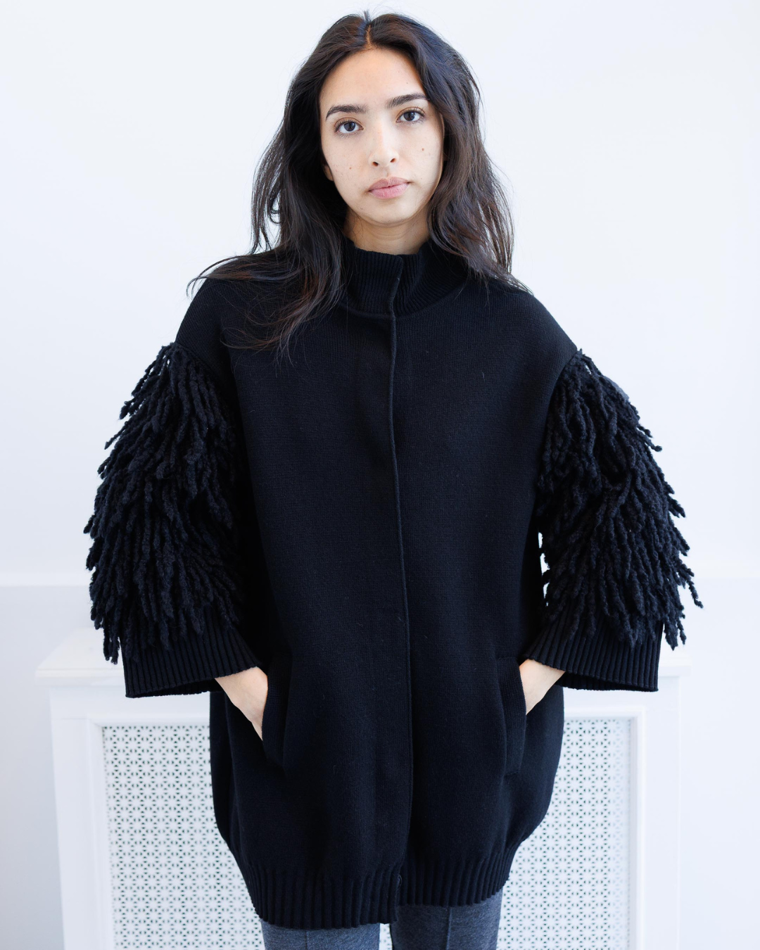Fringe Sleeve Knit Jacket — Black
