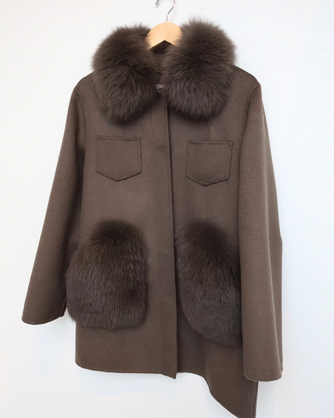 Taupe Shirt Jacket with Fox Fur Details