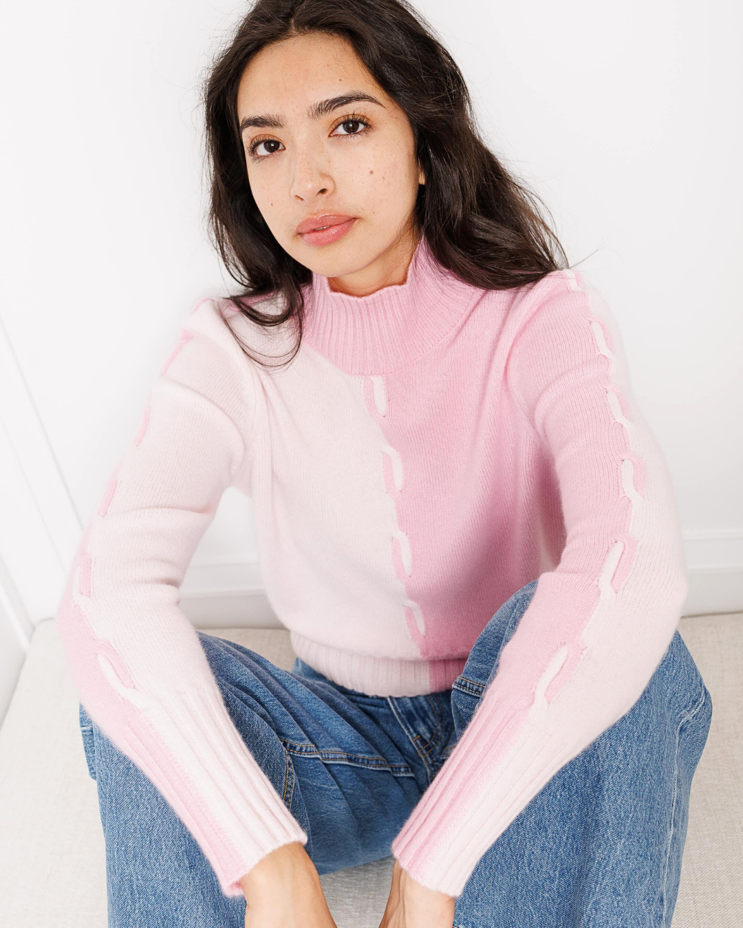 Two-Tone Braided Cashmere Turtleneck