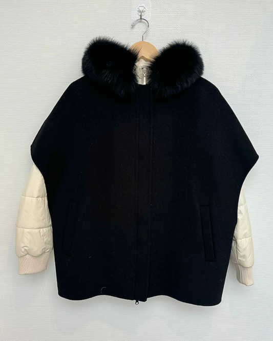 Black Contrast Quilted Puffer with Cashmere Cape & Mink Fur