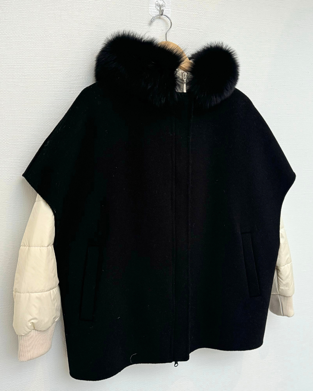 Black Contrast Quilted Puffer with Cashmere Cape & Mink Fur