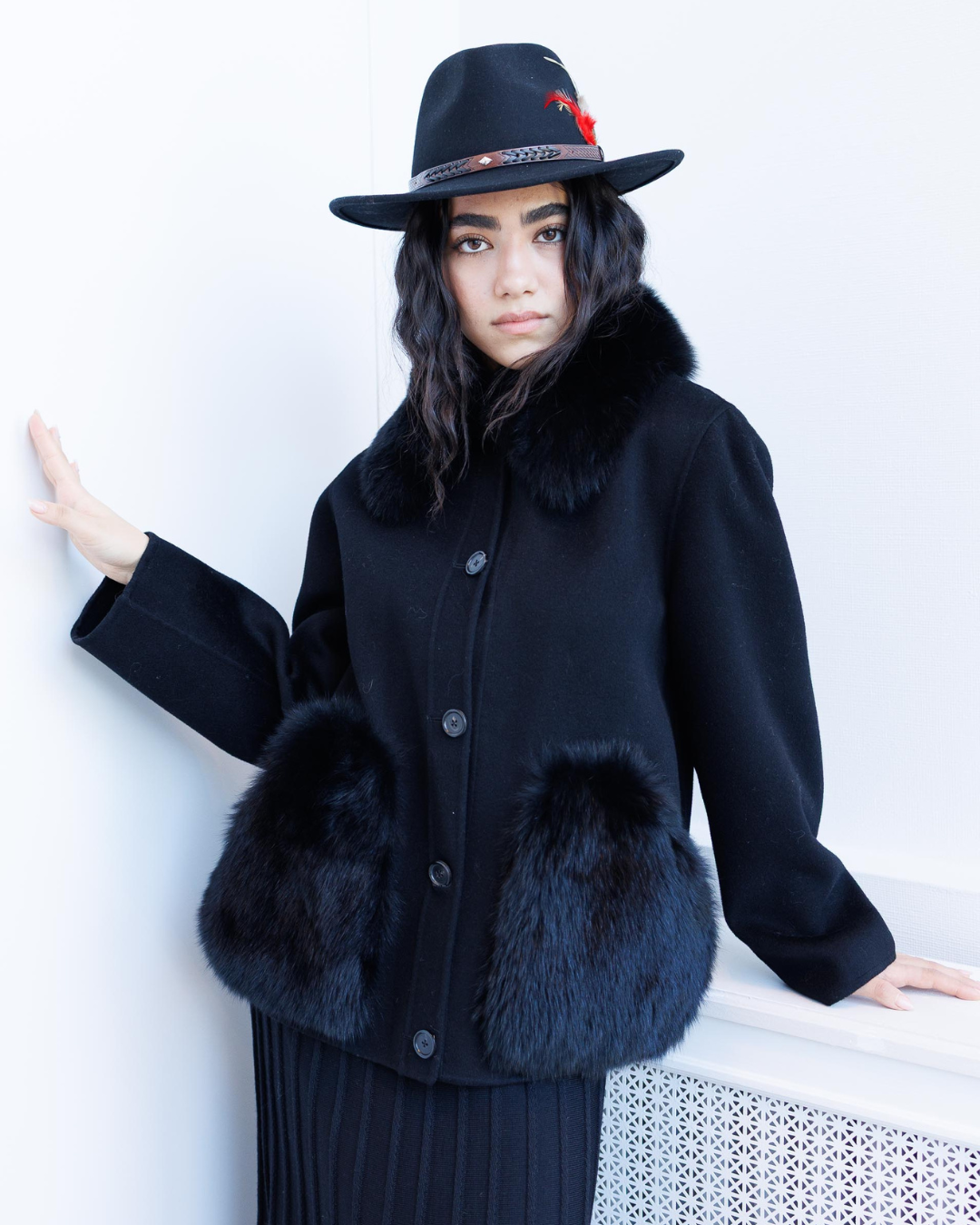 Black Shirt Jacket with Fox Fur Details