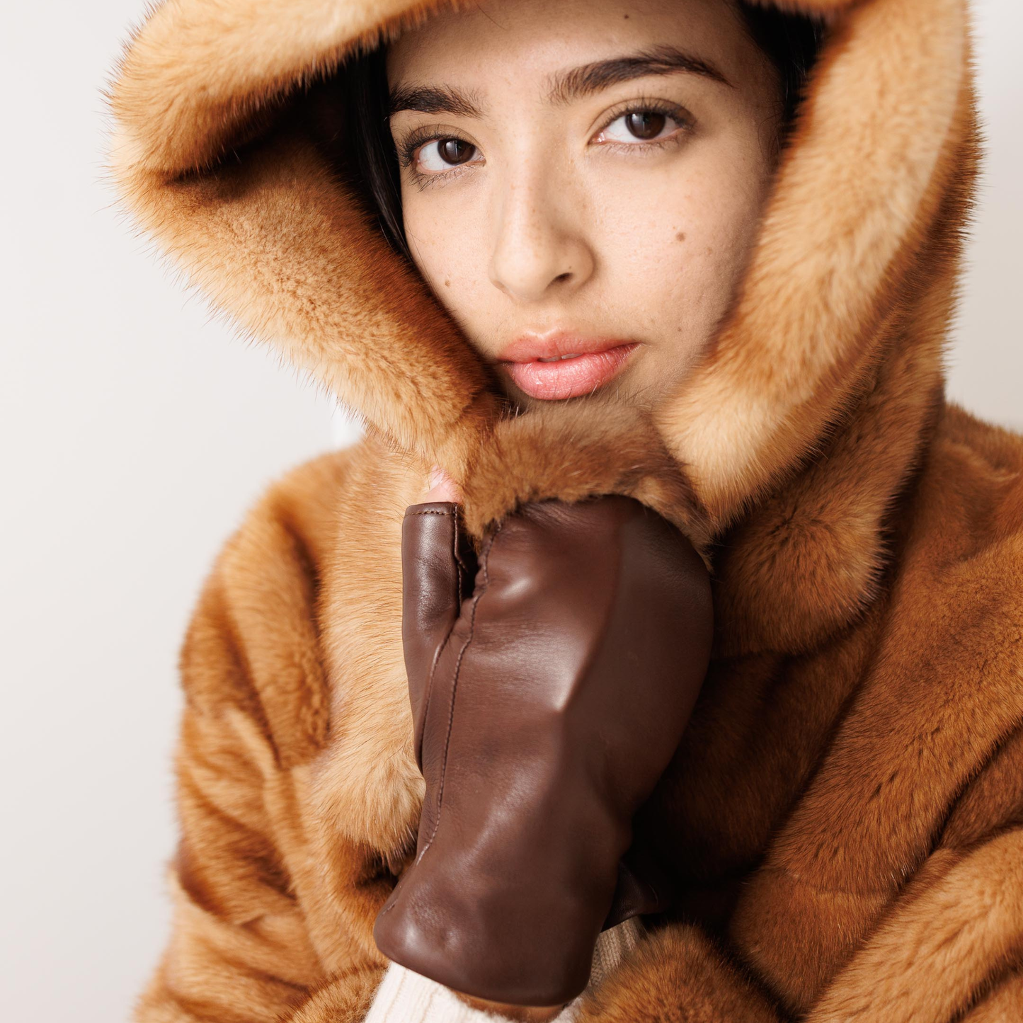 Camel Mink Fingerless Gloves