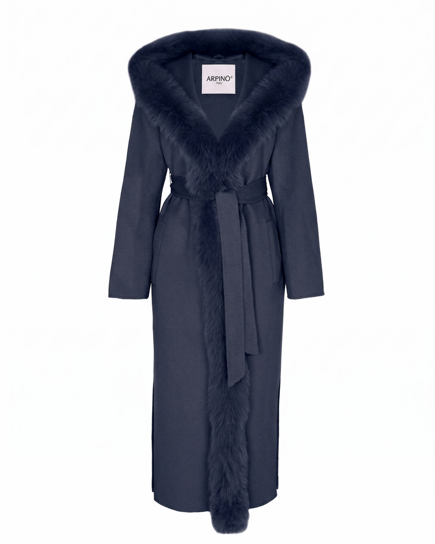 Navy Wool-Cashmere Coat with Fox Fur Trim