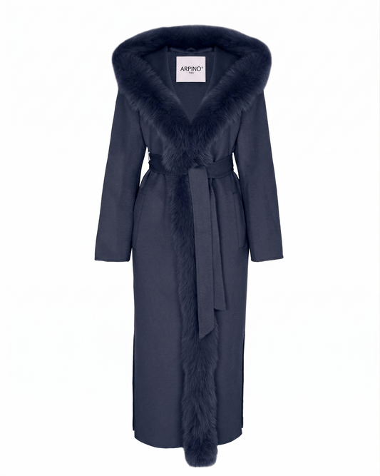 Navy Wool-Cashmere Coat with Fox Fur Trim