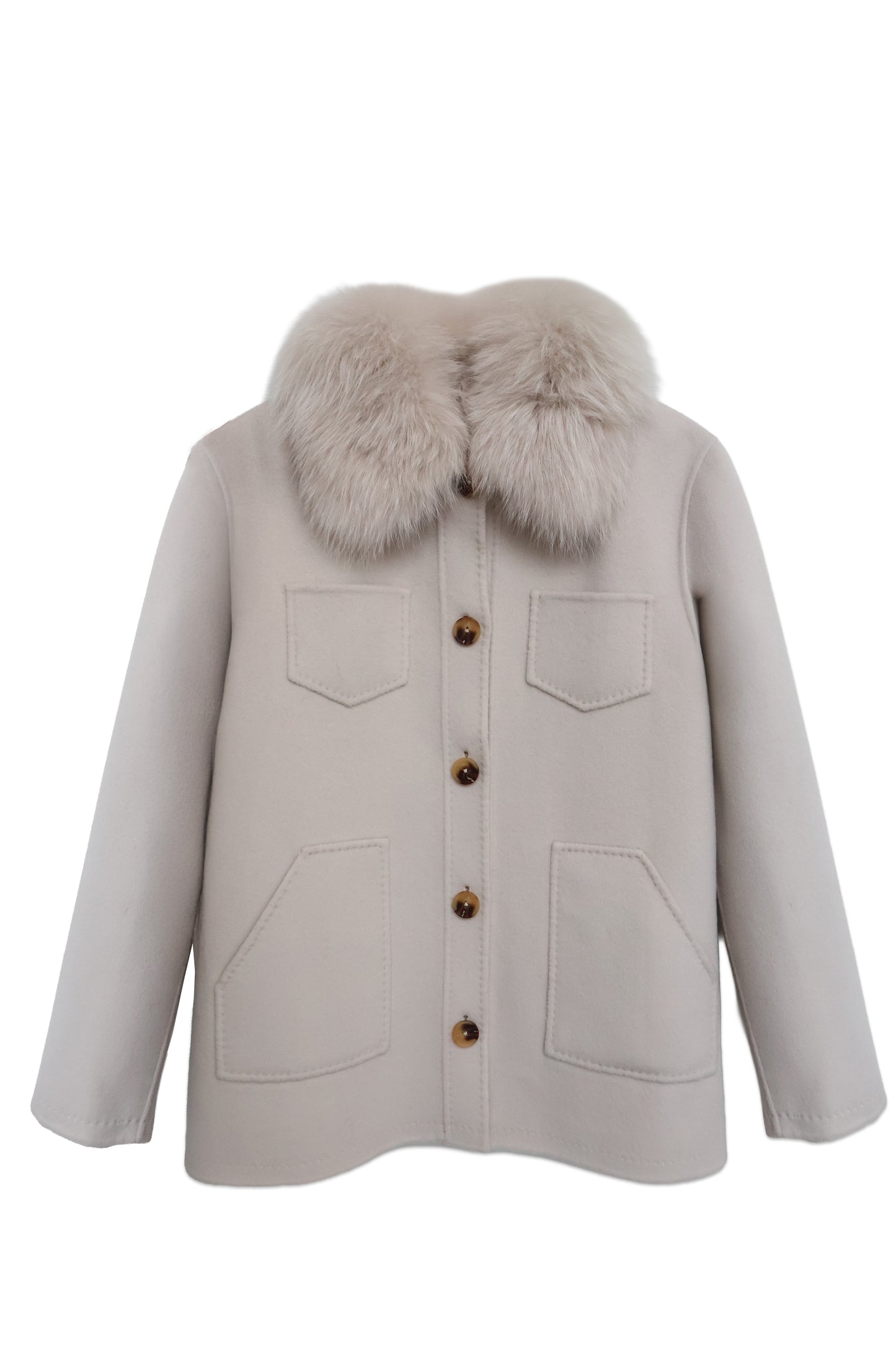 Cream Wool-Cashmere Shirt Jacket with Fur Collar