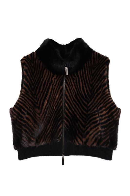 Black Animal Print Mink Vest