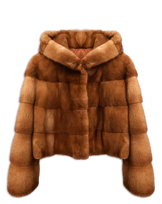 Camel Brown Mink Fur Jacket with Hood | Cropped Length