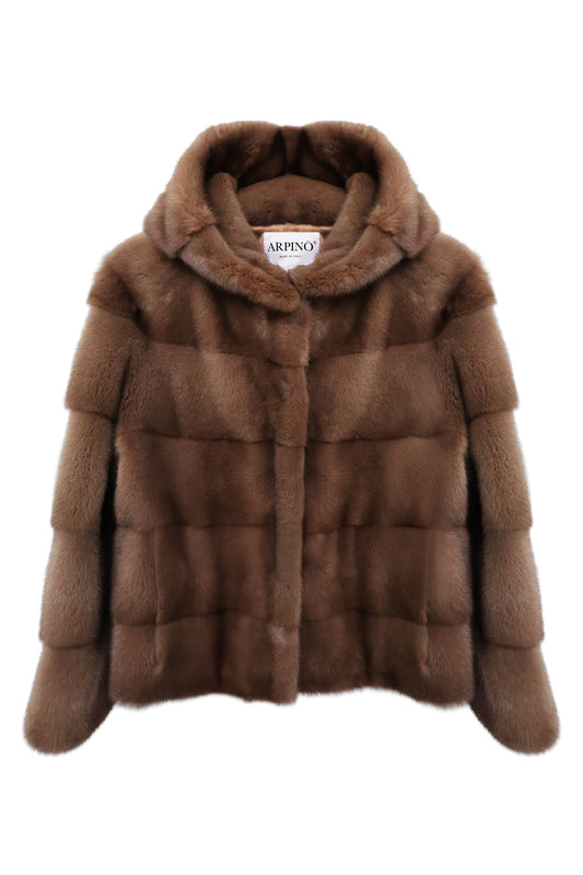Light Brown Mink Fur Jacket with Hood | Cropped Length