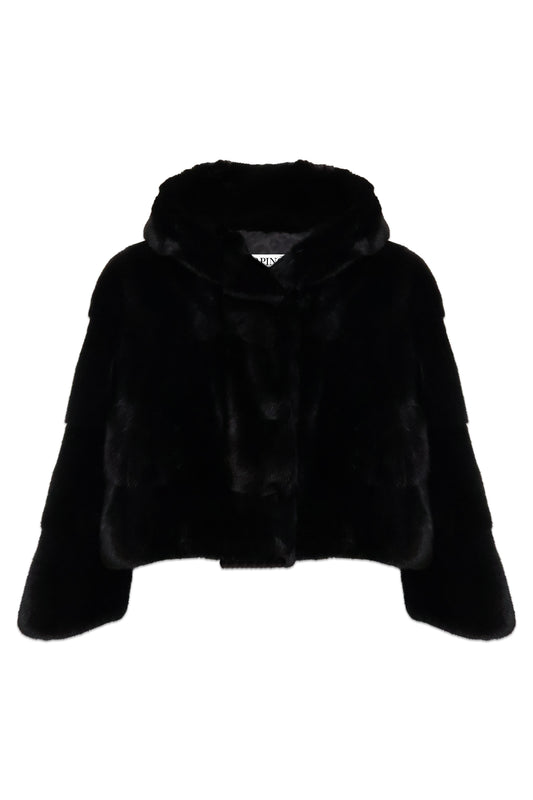 Black Mink Fur Jacket with Hood | Cropped Length
