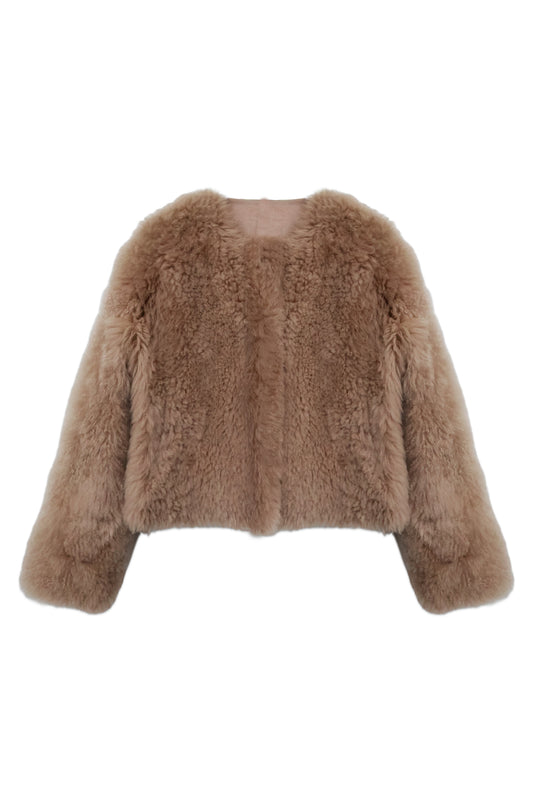 Beige Cashmere Goat Fur Jacket Cropped