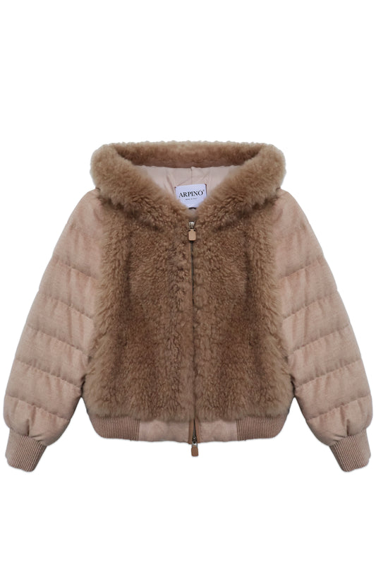 Beige Quilted Jacket with Cashmere Goat Fur