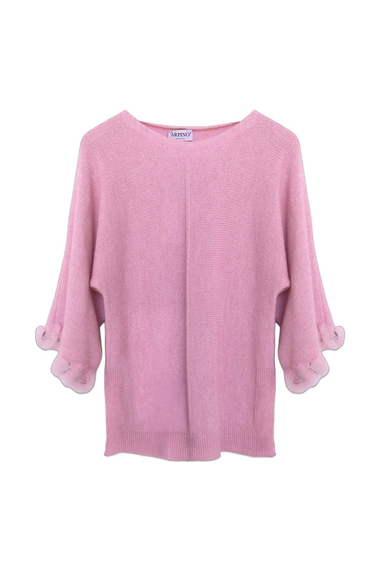 Flutter-Sleeve Knit with Fur Trim
