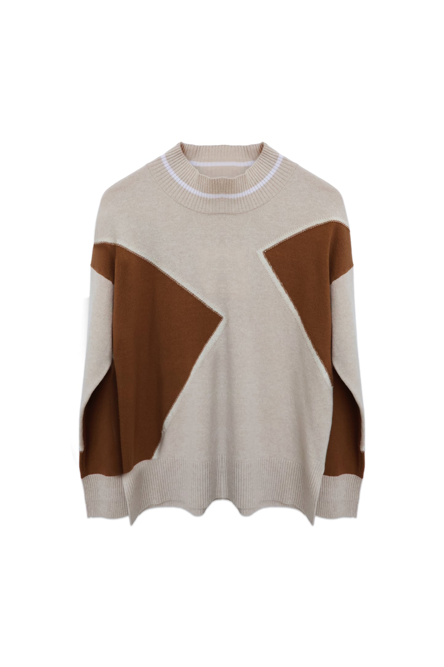 Colour-Block Mock Neck Wool-Cashmere Silk Sweater