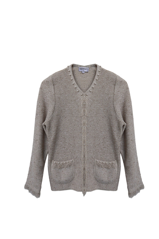 Pearl-Trim Knit Jacket with Fray Detail