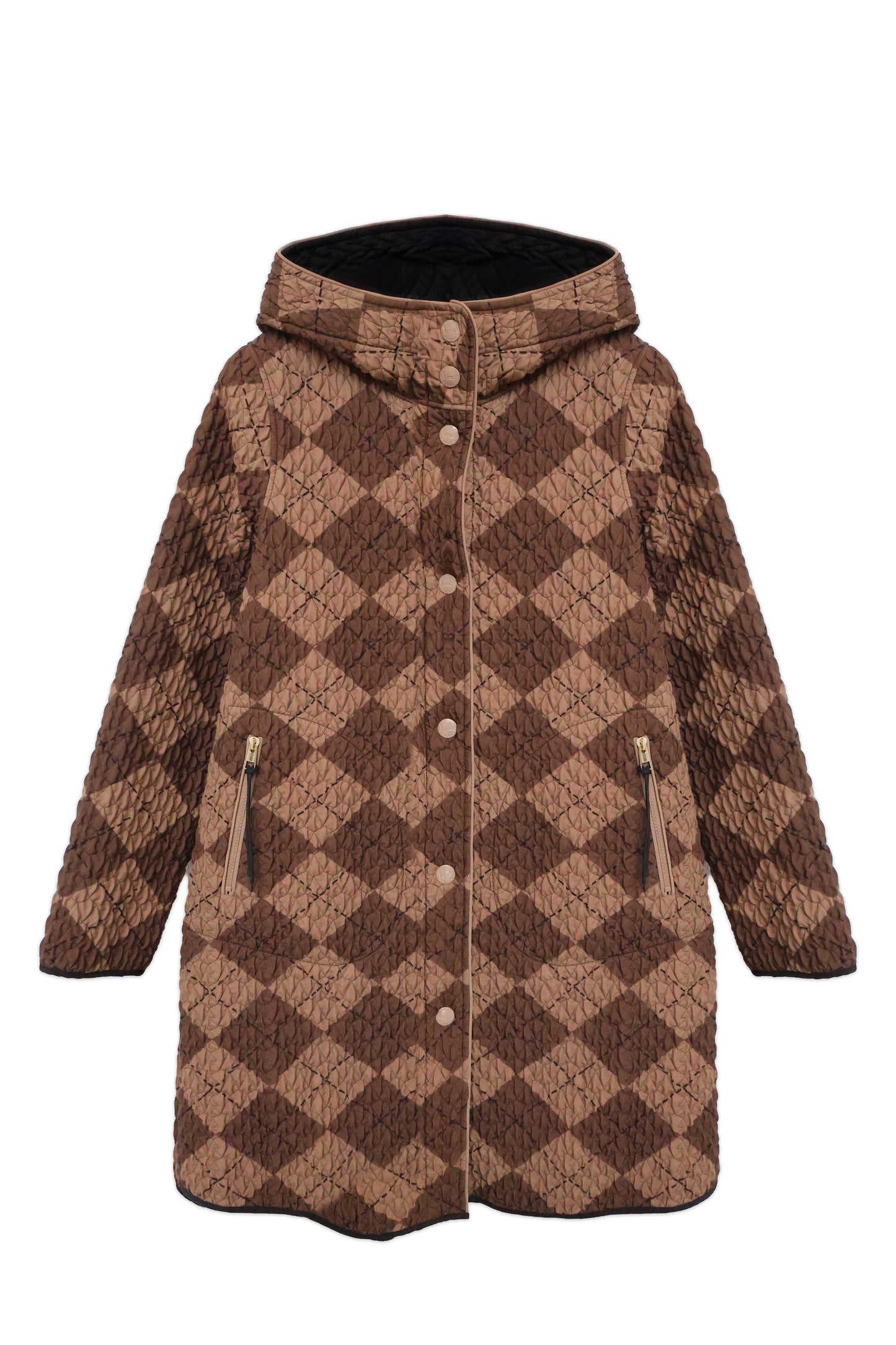 Quilted Check Knee-Length Coat — Brown
